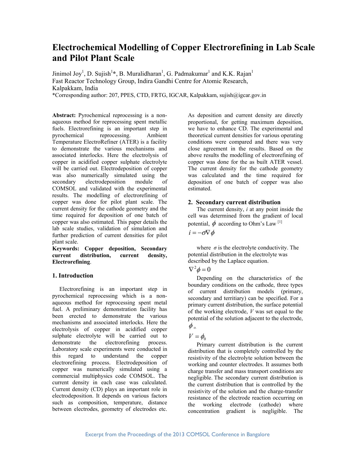 First page of Electrochemical Modelling of Copper Elec