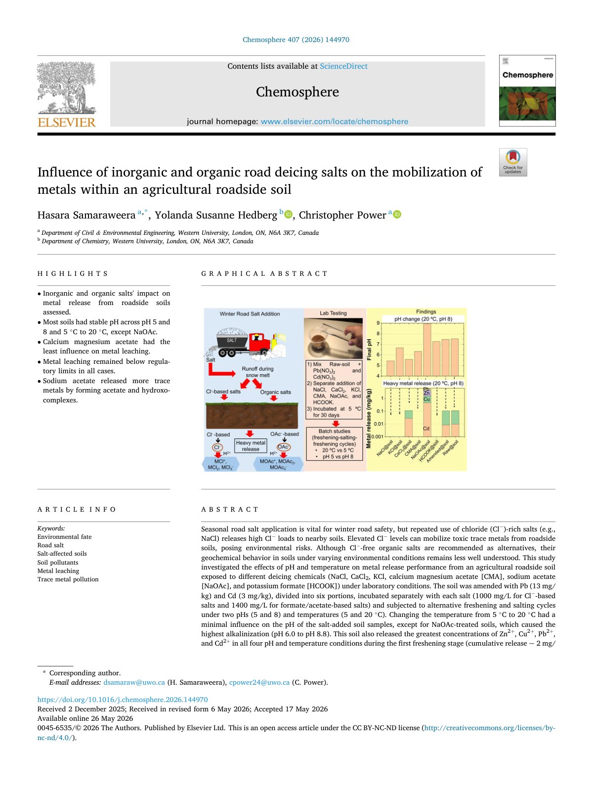 First page of Influence of inorganic and organic road deicing salts on the mobi 2026 Chemo