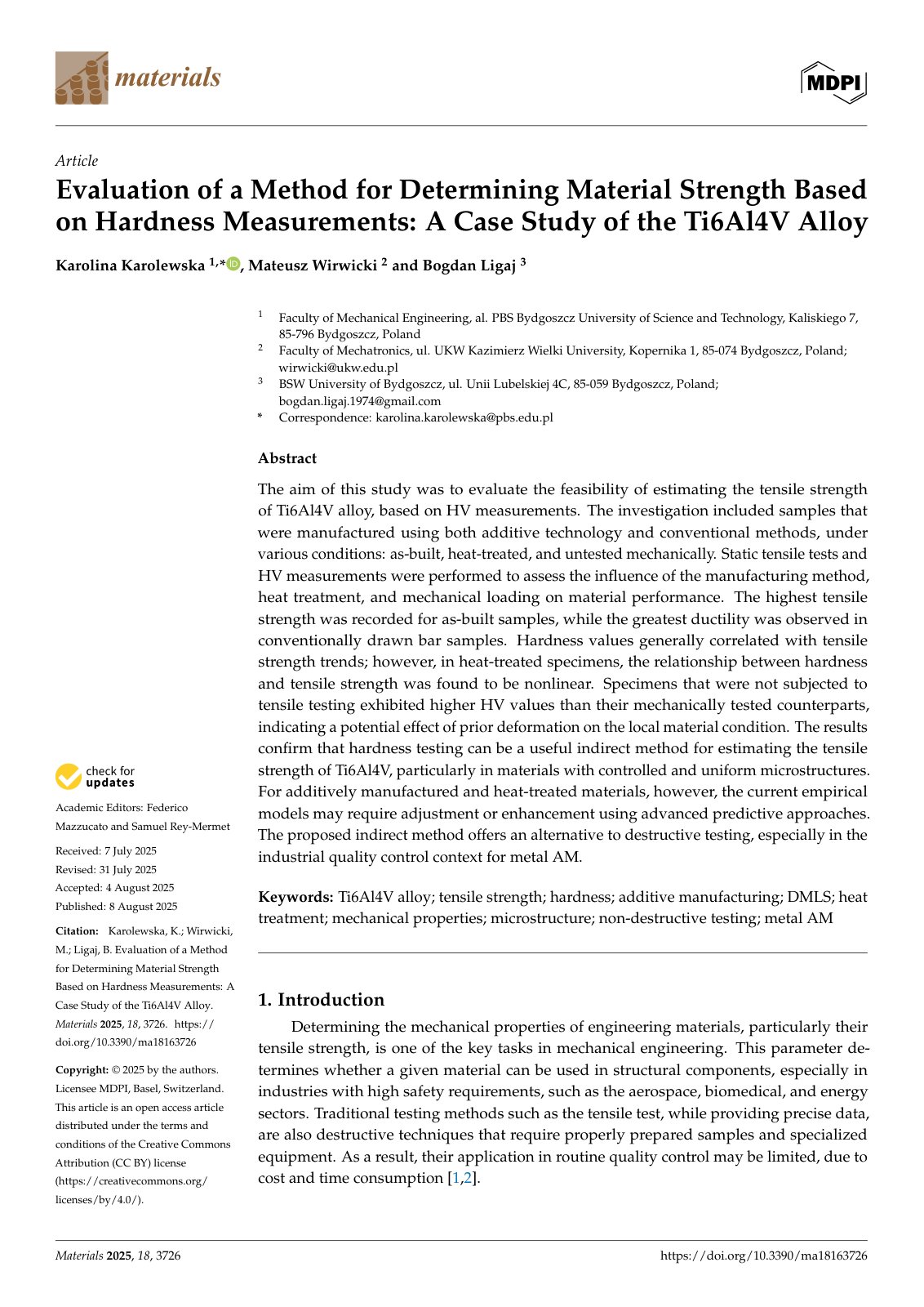 First page of Evaluation of a Method for Determining Material Strength Based on Hardness Measurements: A Case Study of the Ti6Al4V Alloy