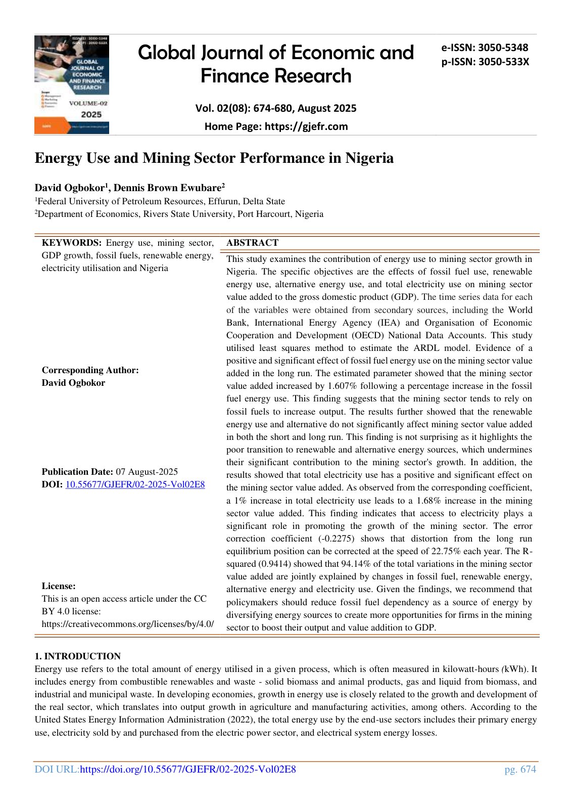 First page of Energy Use and Mining Sector Performance in Nigeria