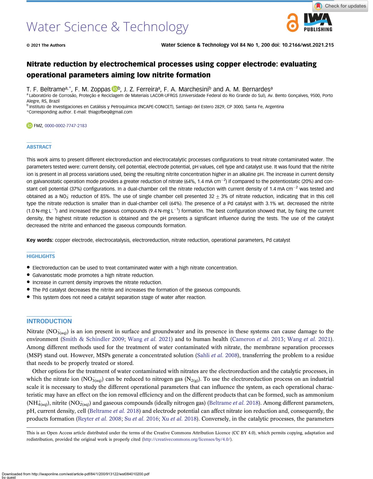 First page of Nitrate reduction by electrochemical processes using copper electrode: evaluating operational parameters aiming low nitrite formation