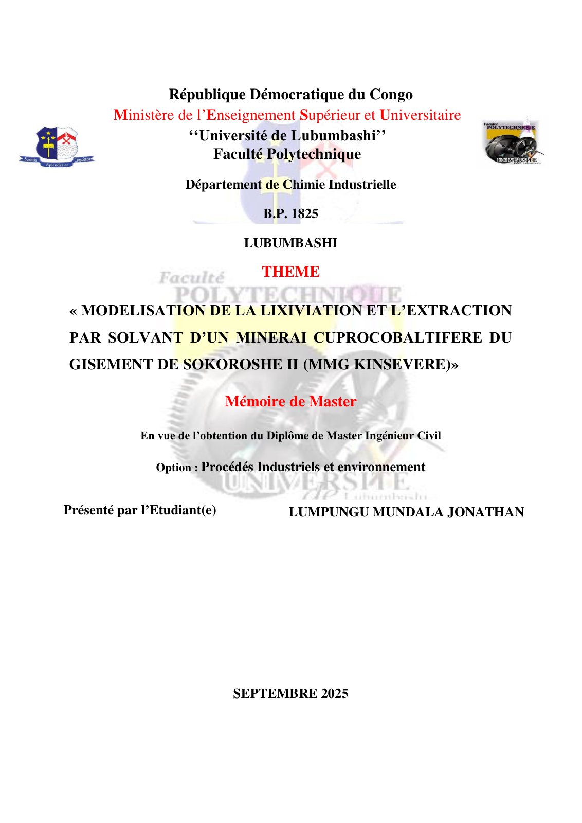 First page of Modelisation de la lixiviation et l’extraction par solvant d’un minerai cuprocobaltifère du gisement de Sokoroshe II (MMG Kinsevere)