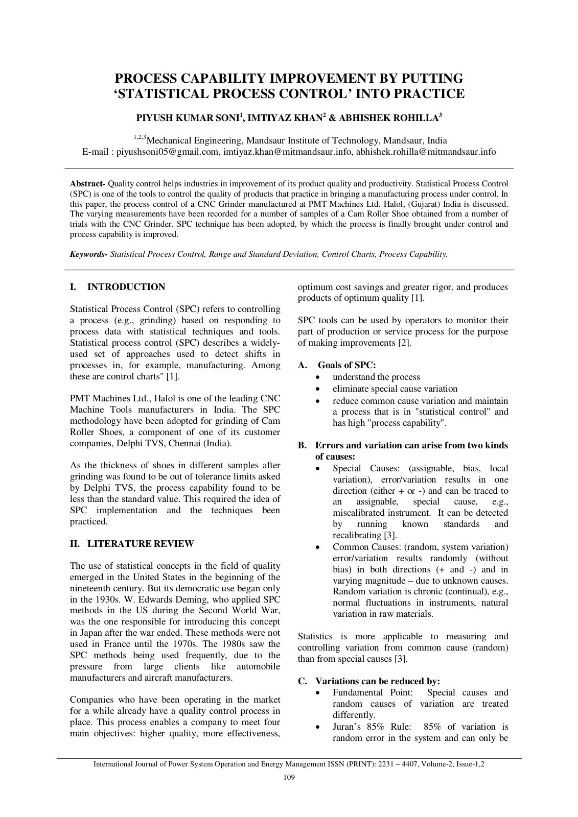 First page of PROCESS CAPABILITY IMPROVEMENT BY PUTTING 'STATISTICAL PROCESS CONTROL' INTO PRACTICE