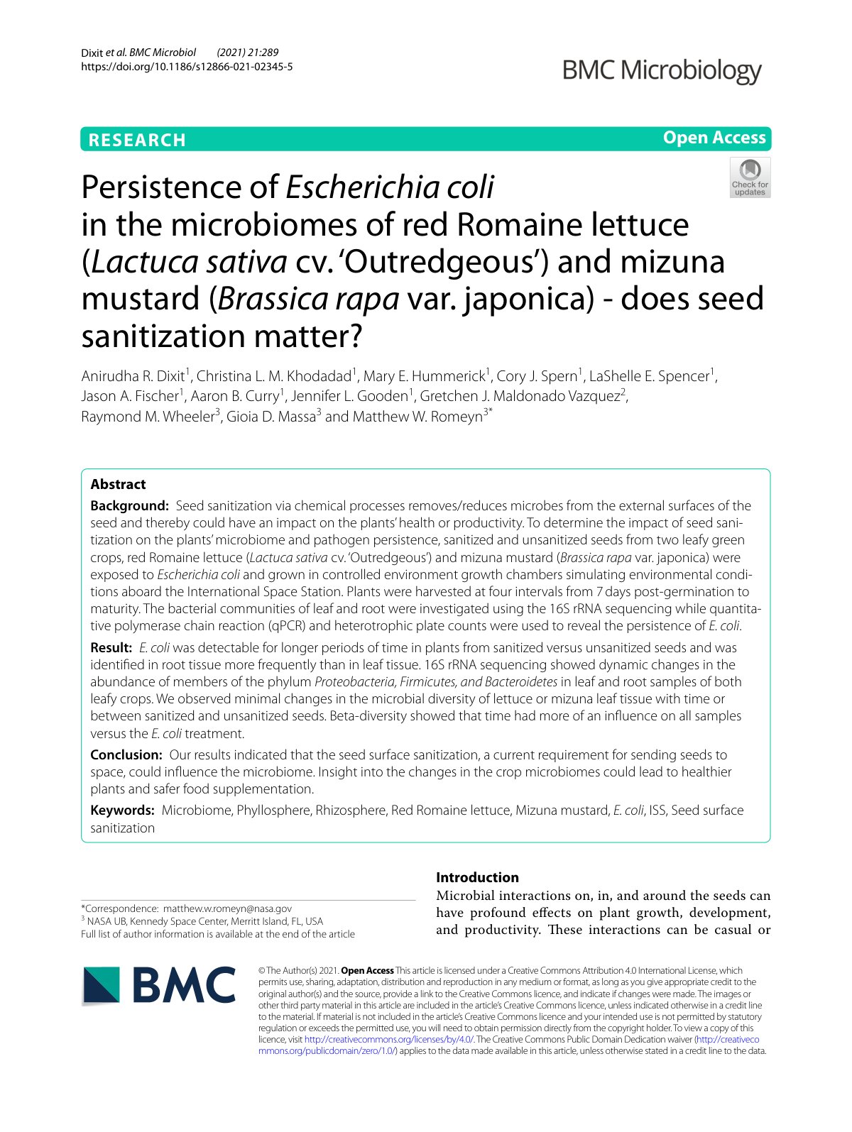 First page of Persistence of Escherichia coli in the m