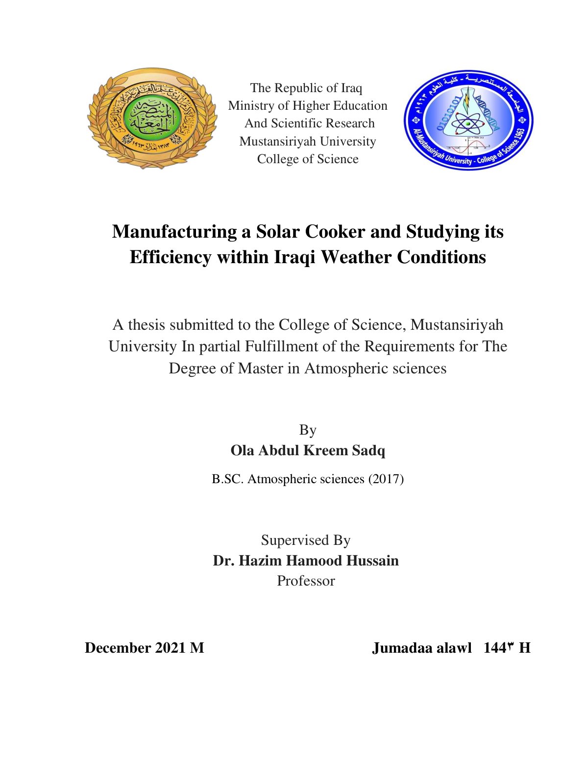 First page of Manufacturing a Solar Cooker and Studyin