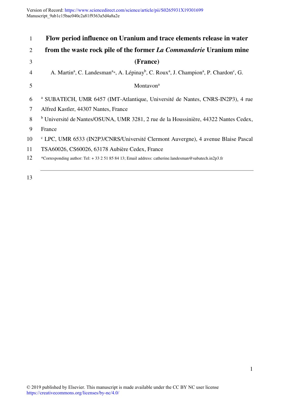 First page of Flow period influence on Uranium and trace elements release in water from the waste rock pile of the former La Commanderie Uranium mine (France)