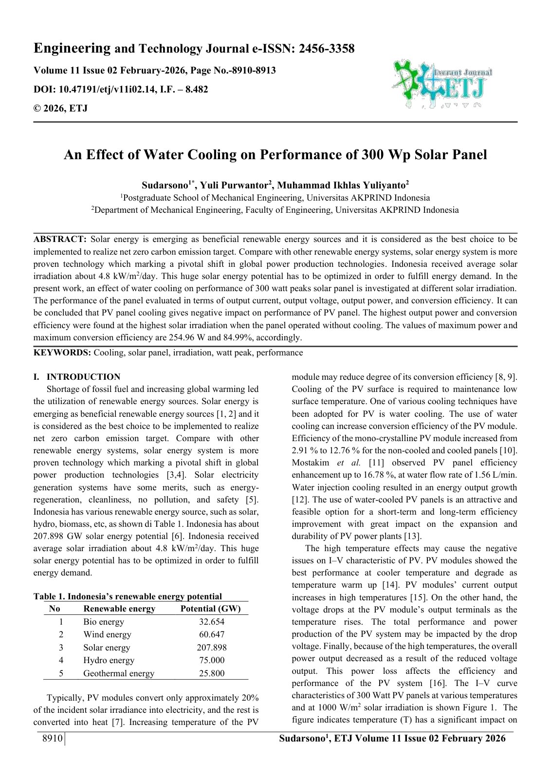 First page of An Effect of Water Cooling on Performance of 300 Wp Solar Panel