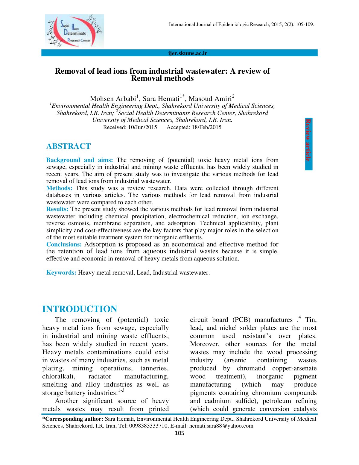 First page of Removal of lead ions from industrial was (1)