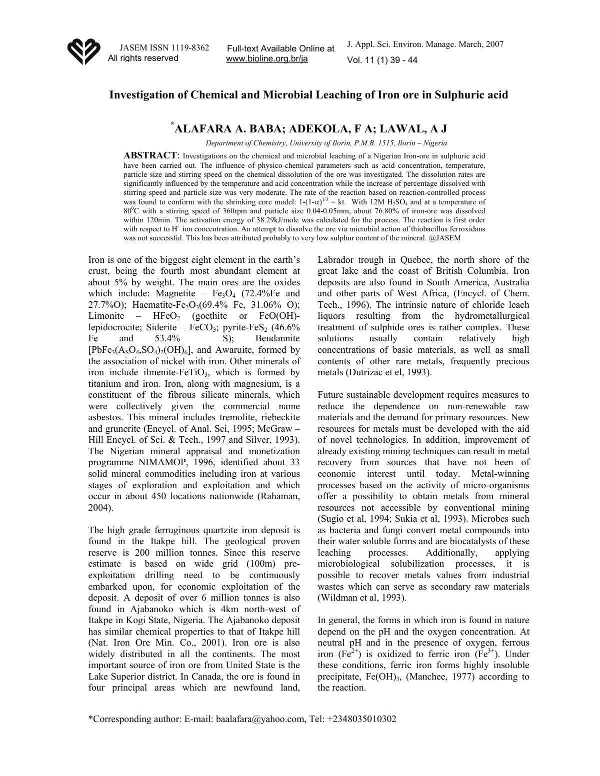 First page of Investigation of Chemical and Microbial Leaching of Iron ore in Sulphuric acid