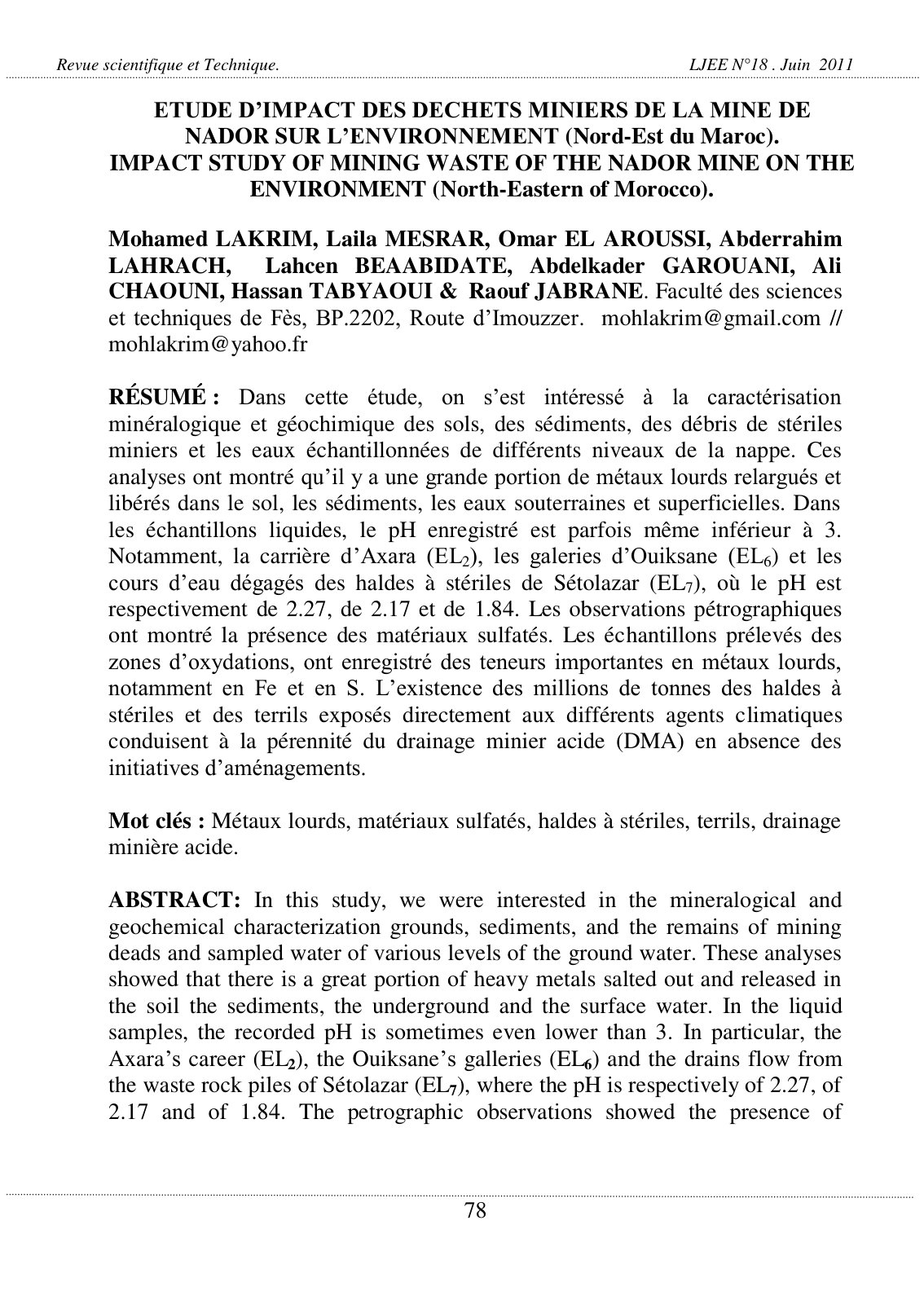 First page of ETUDE D’IMPACT DES DECHETS MINIERS DE LA MINE DE NADOR SUR L’ENVIRONNEMENT (Nord-Est du Maroc)