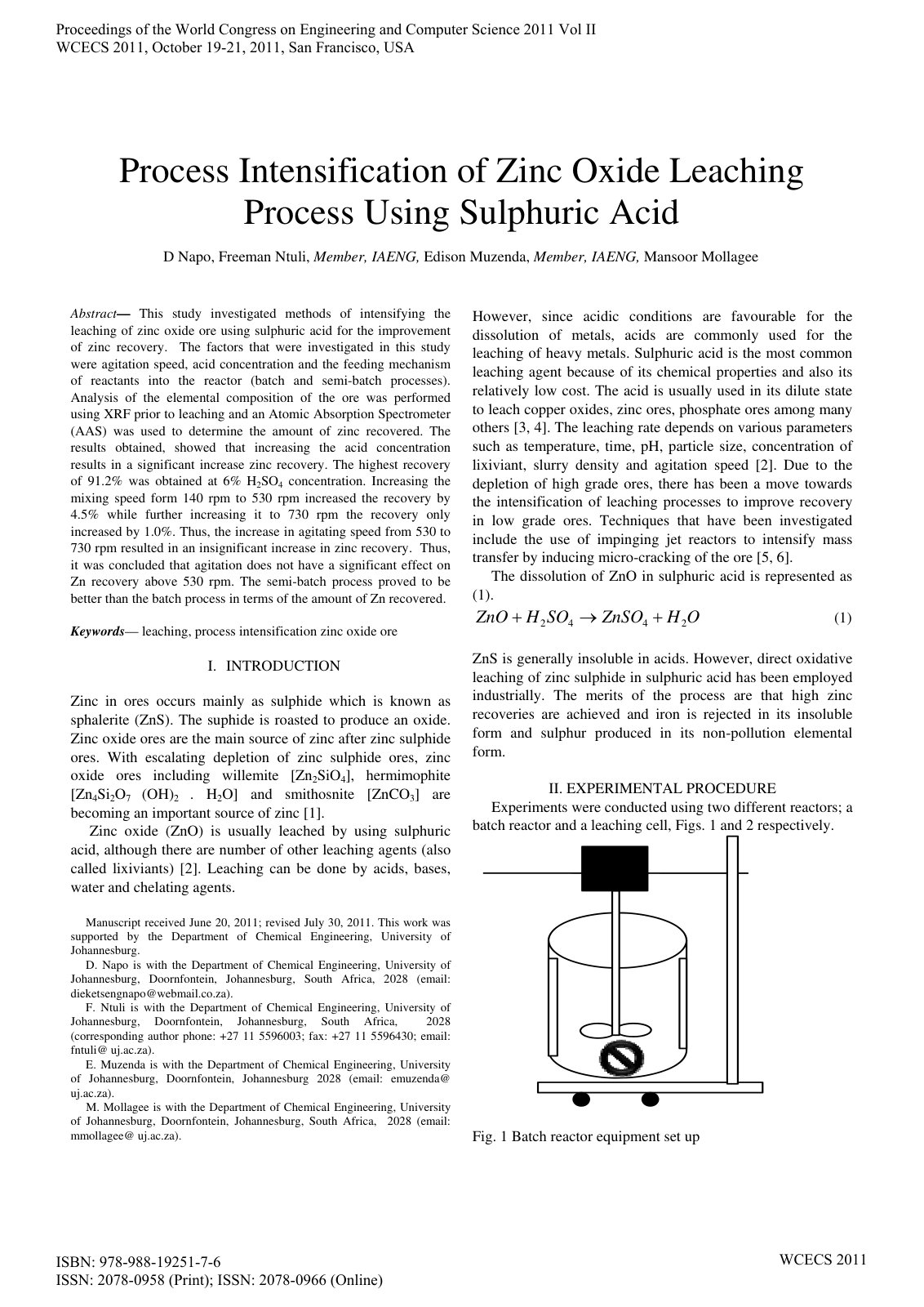 First page of Investigation of methods of intensifying the leaching of zinc oxide ore using sulphuric acid