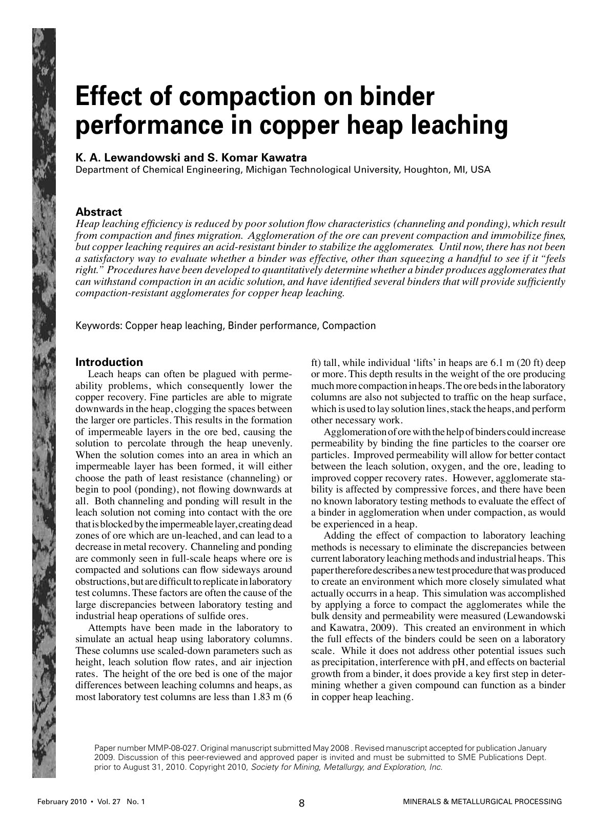 First page of Effect of compaction on binder performance in copper heap leaching