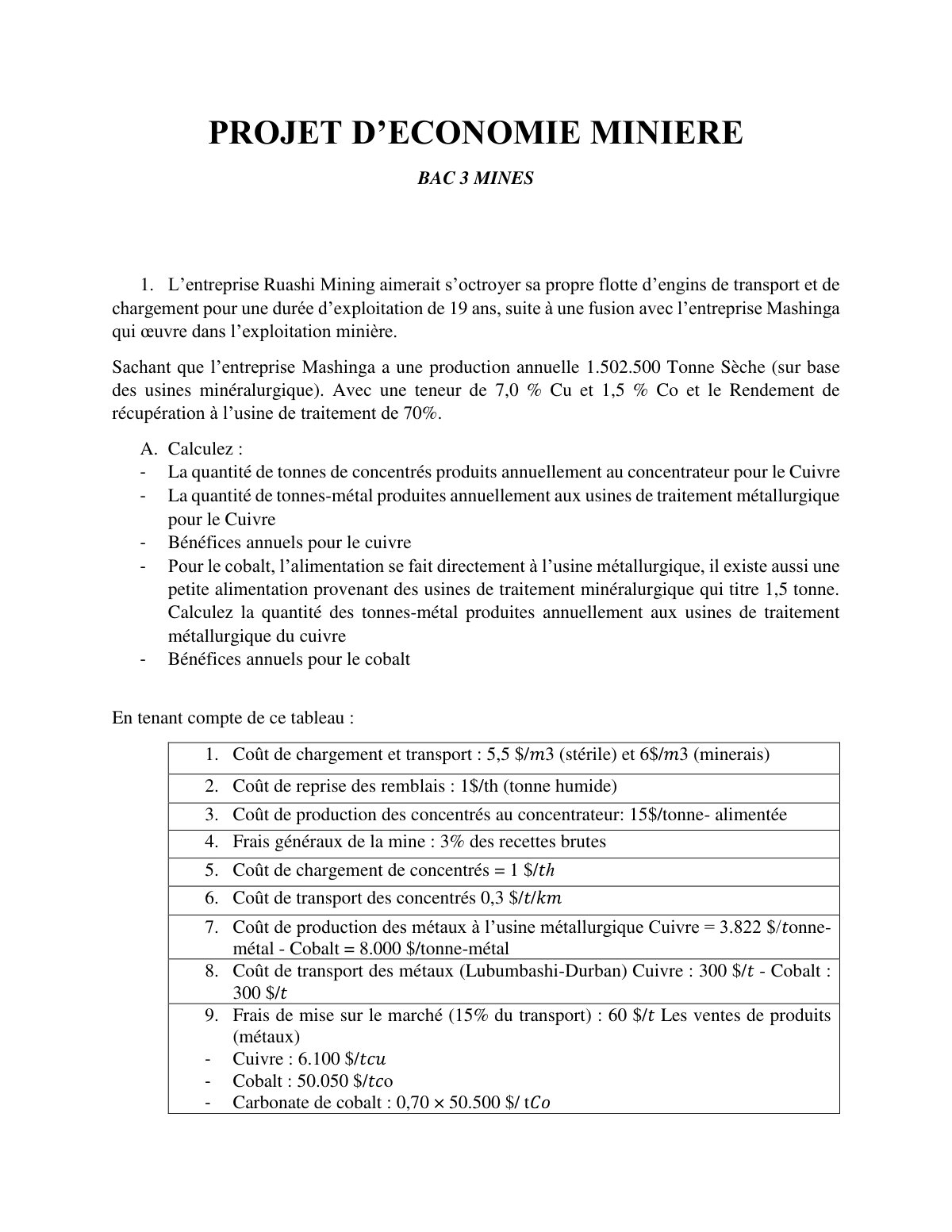 First page of PROJET D'ECONOMIE MINIERE 1