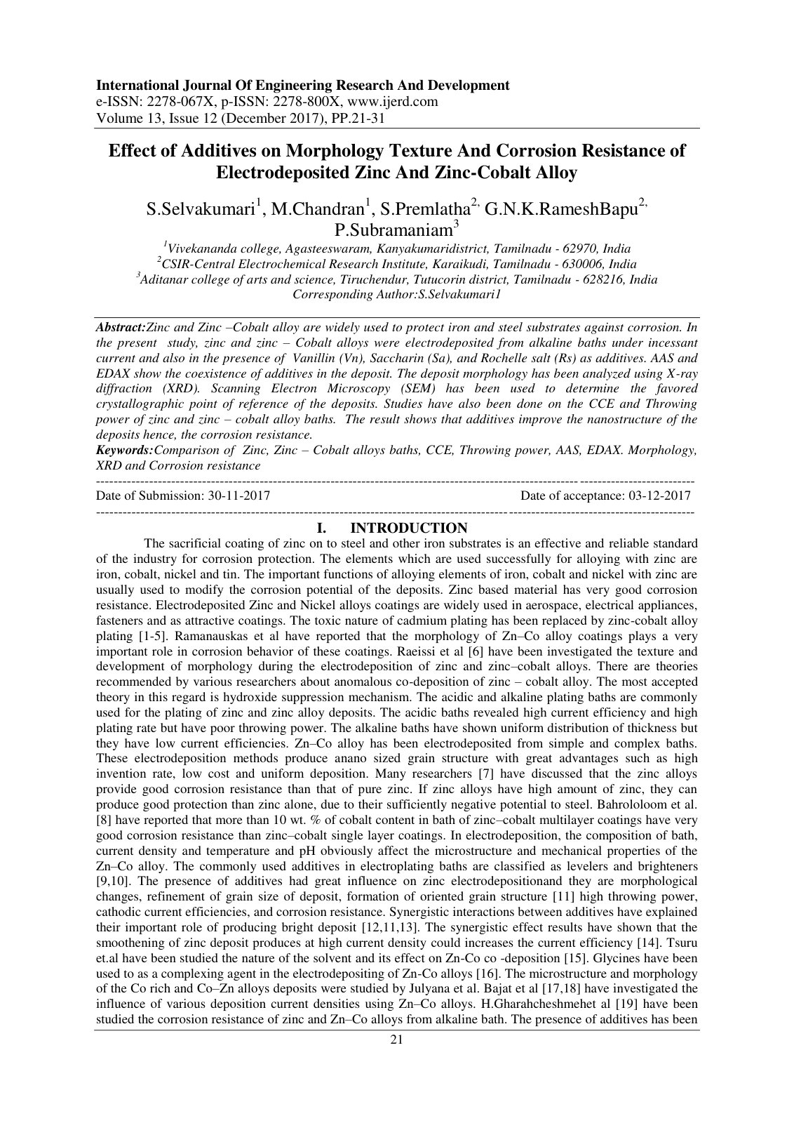 First page of Effect of Additives on Morphology Texture And Corrosion Resistance of Electrodeposited Zinc And Zinc-Cobalt Alloy