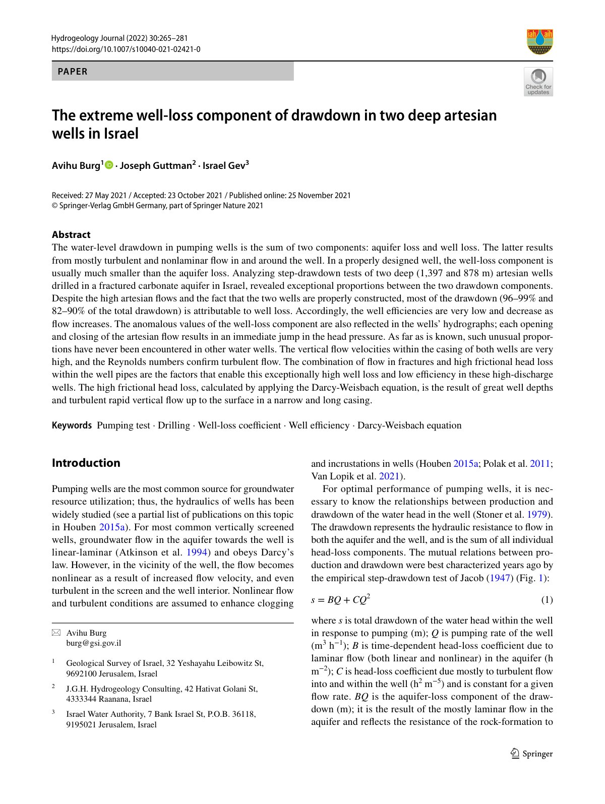 First page of The extreme well‑loss component of drawdown in two deep artesian wells in Israel
