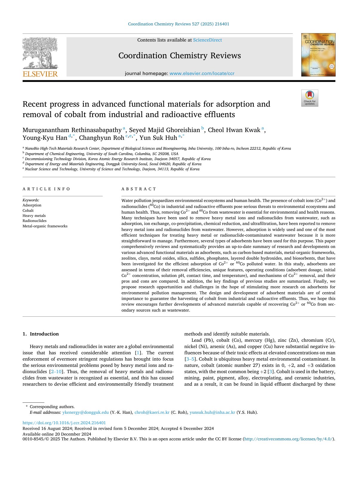 First page of Recent progress in advanced functional materials for adso 2025 Coordination 