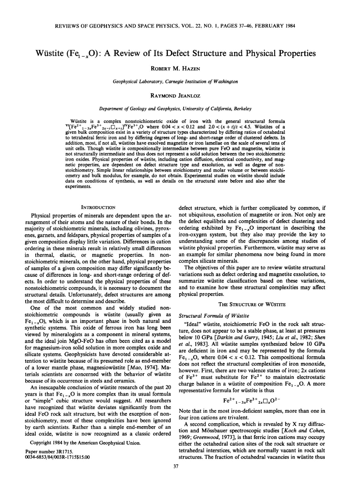 First page of Wastite (Fq_xO) ß A Review of Its Defect Structure and Physical Properties