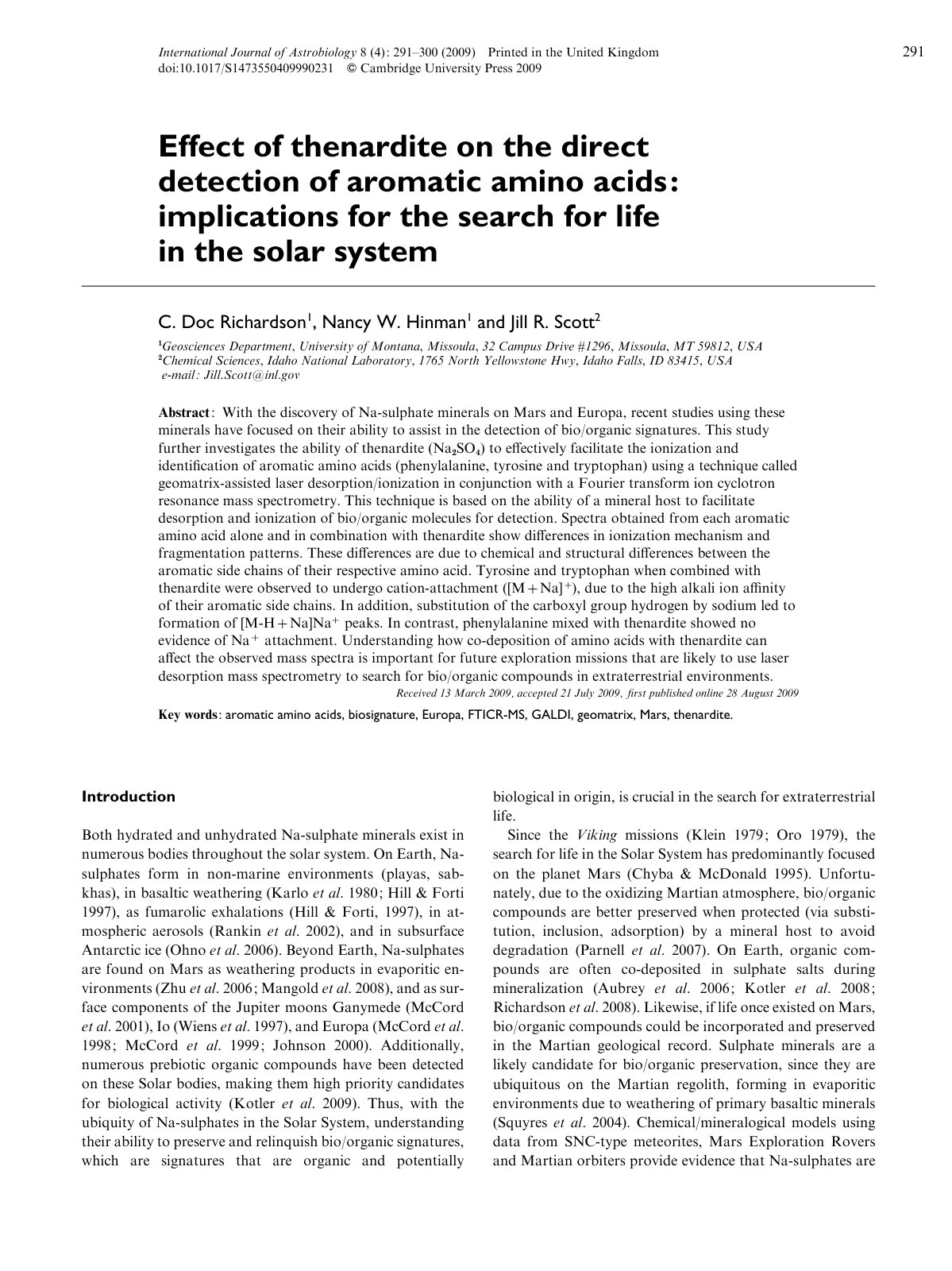First page of Effect of thenardite on the direct detection of aromatic amino acids: implications for the search for life in the solar system