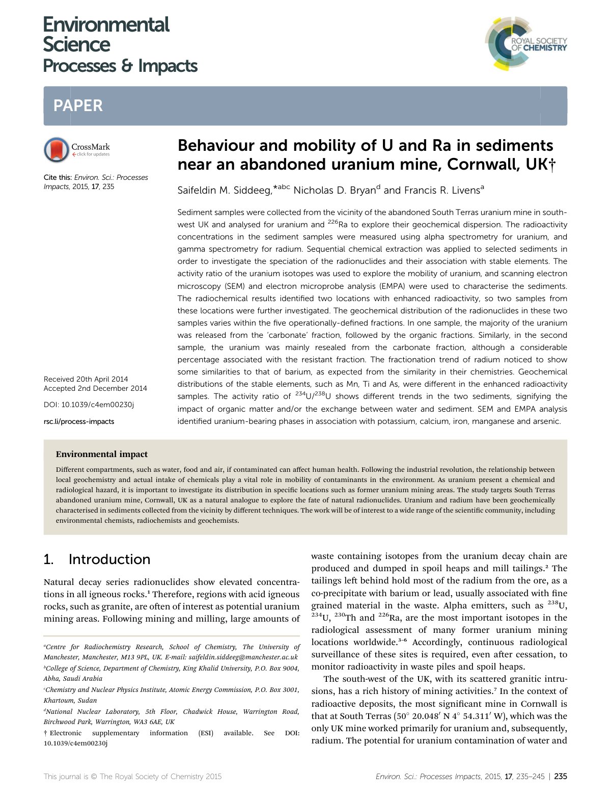 First page of Behaviour and mobility of U and Ra in sediments near an abandoned uranium mine, Cornwall, UK†