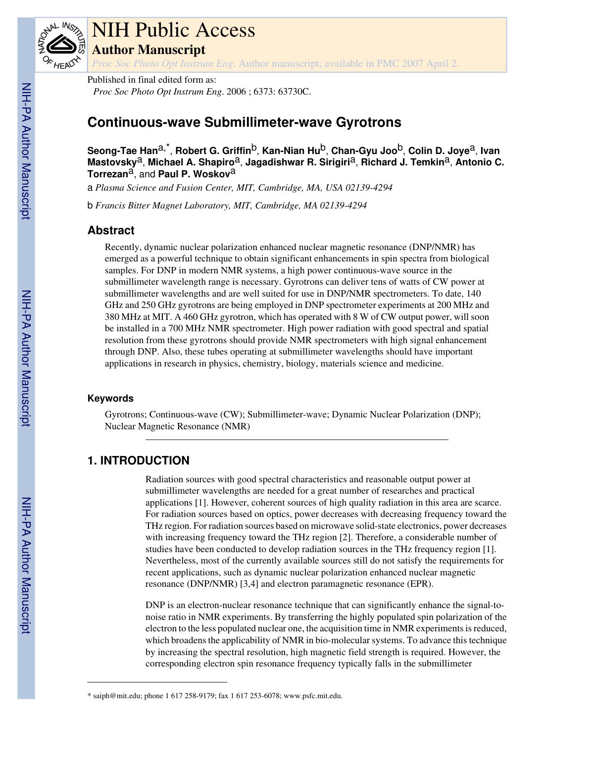 First page of Continuous wave submillimeter wave gyrot