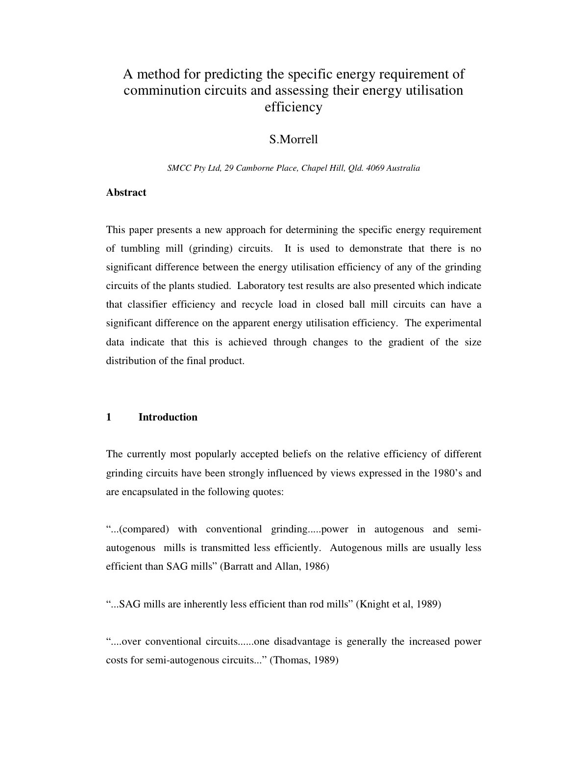 First page of S Morrell Paper Predicting specific comminution energy[1]