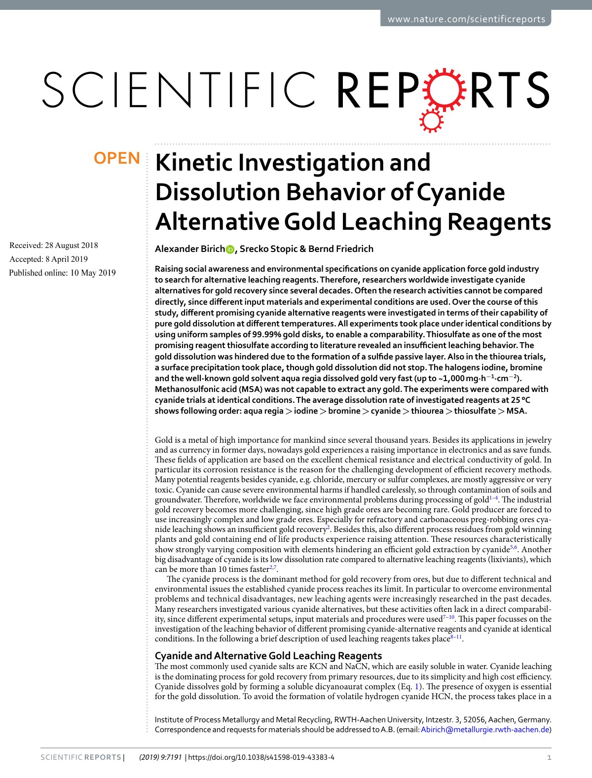 First page of Kinetic Investigation and Dissolution Be