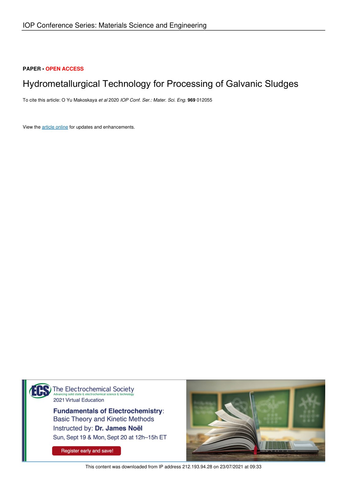 First page of Hydrometallurgical Technology for Processing of Galvanic Sludges