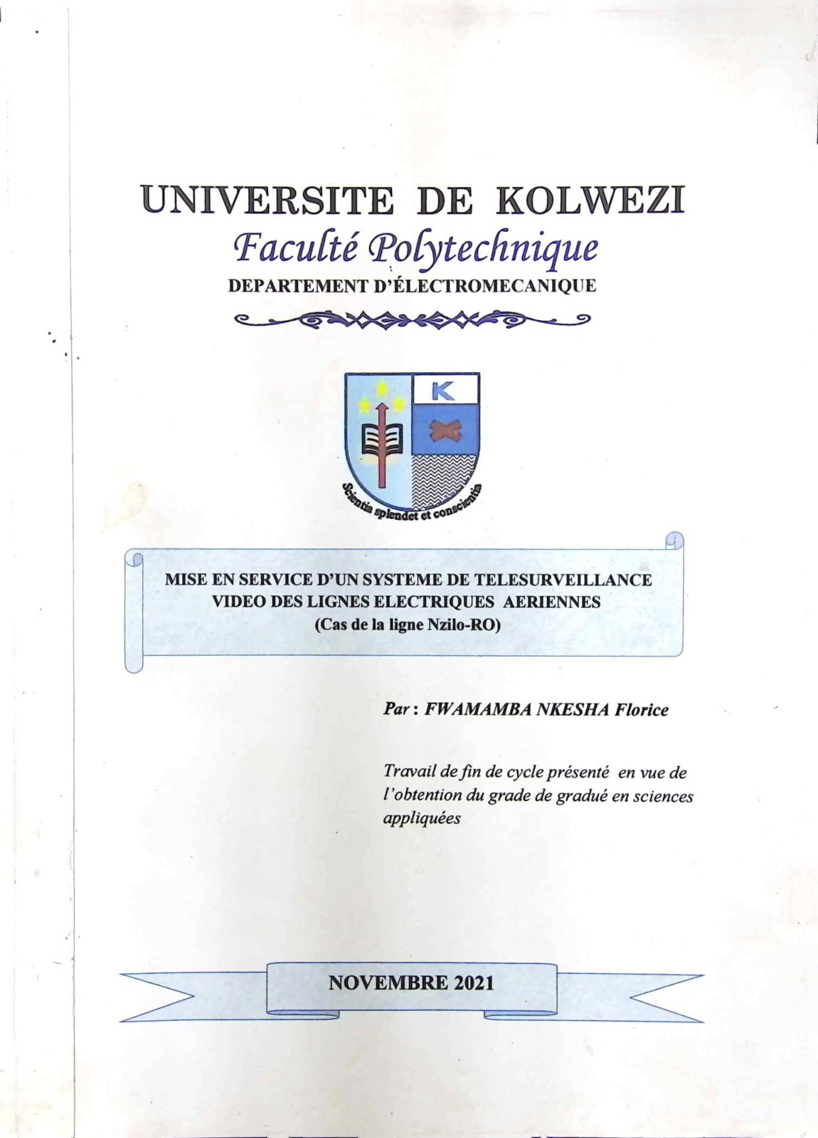 First page of MISE EN SERVICE D'UN SYSTEME DE TELESURVEILLANCE VIDEO DES LIGNES ELECTRIQUES AERIENNES (Cas de la ligne Nzilo-RO)