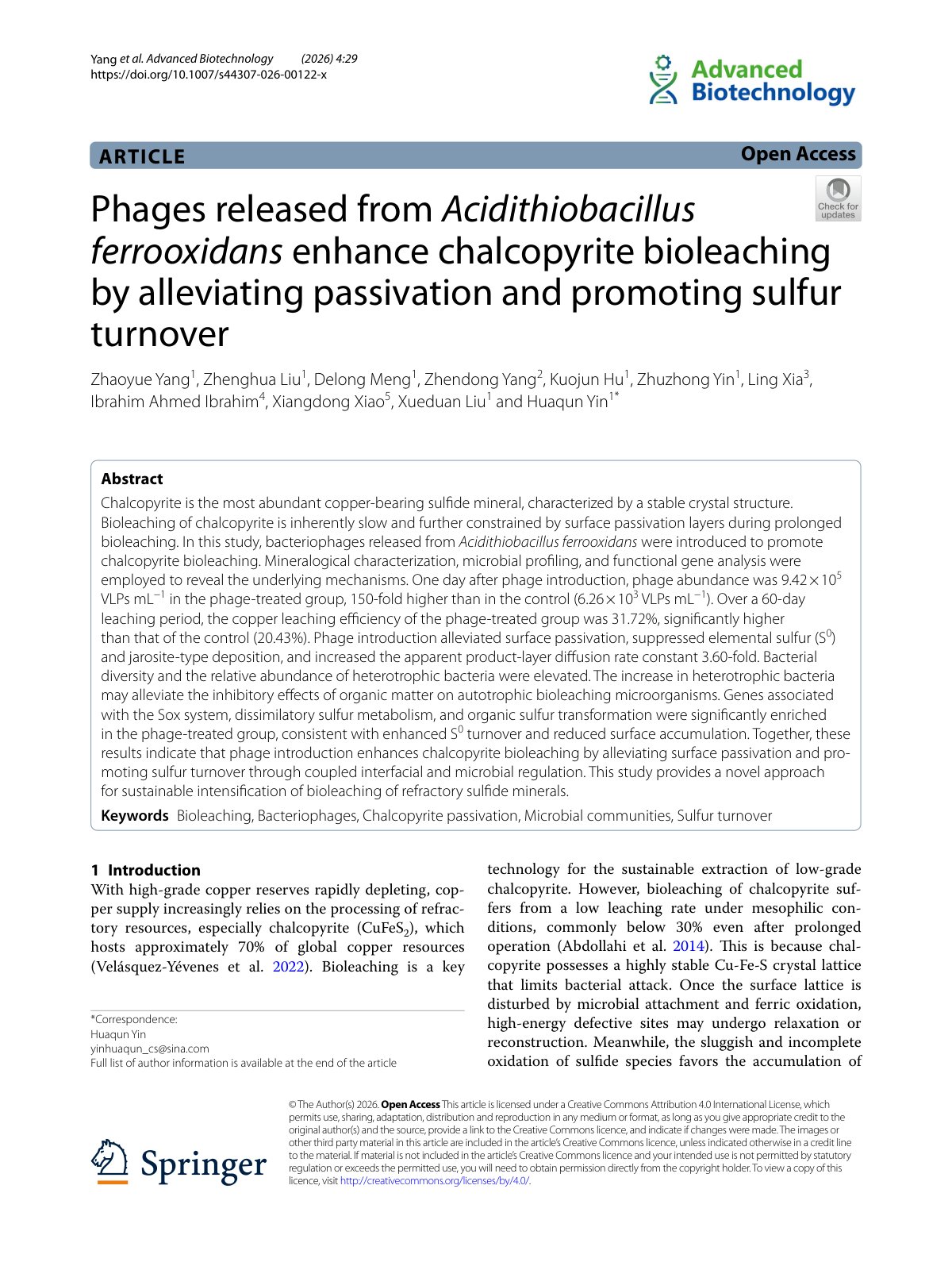 First page of Phages released from Acidithiobacillus ferrooxidans enhance chalcopyrite bioleaching by alleviating passivation and promoting sulfur turnover