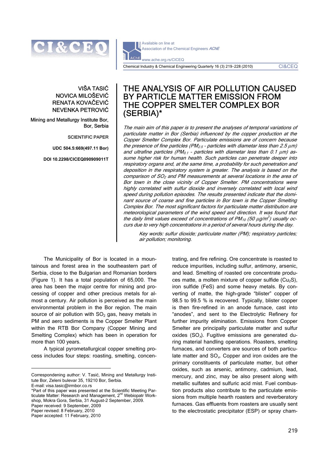 First page of THE ANALYSIS OF AIR POLLUTION CAUSED BY PARTICLE MATTER EMISSION FROM THE COPPER SMELTER COMPLEX BOR