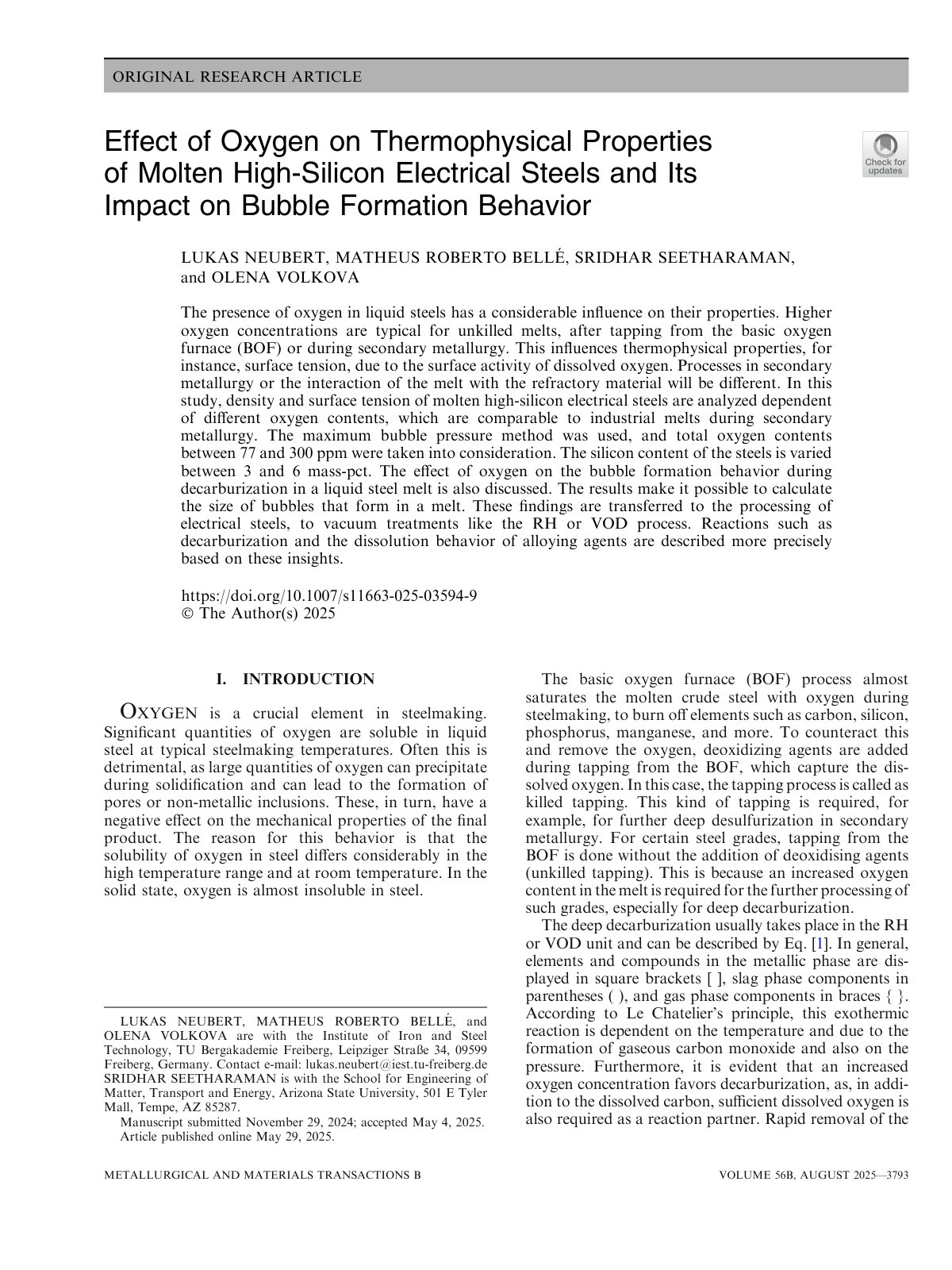 First page of 2025 Lukas Neubert Effect of Oxygen on Thermophysical Properties of Molten High Silicon Electrical Steels and Its Impact on Bubble Formation Behavior s11663 025 