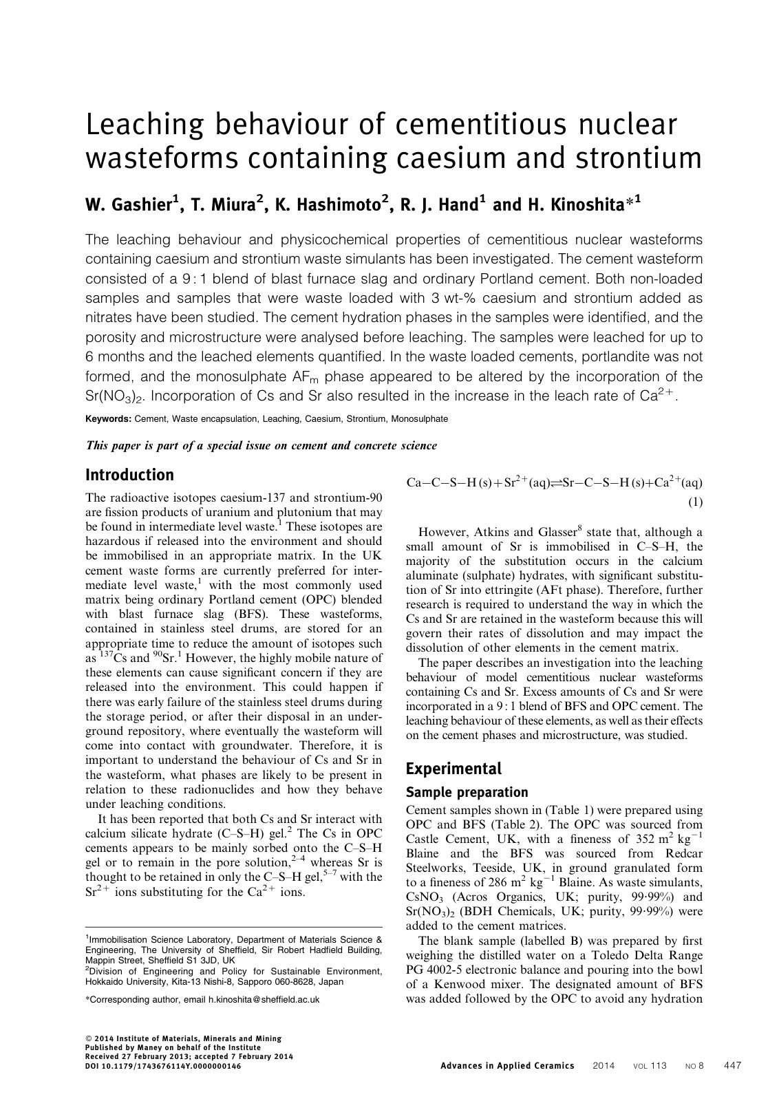 First page of Leaching behaviour of cementitious nuclear wasteforms containing caesium and strontium