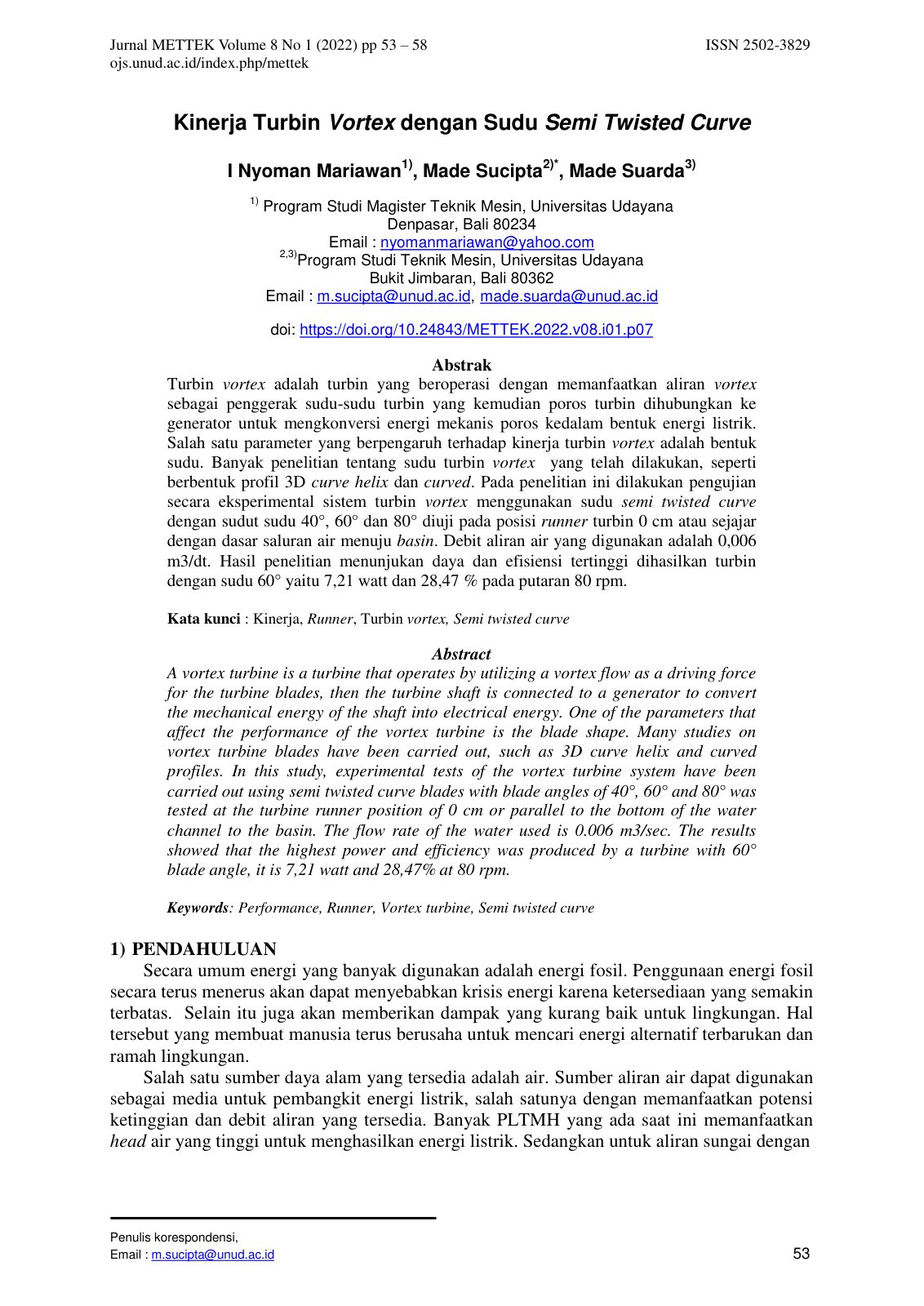 First page of Kinerja Turbin Vortex dengan Sudu Semi T