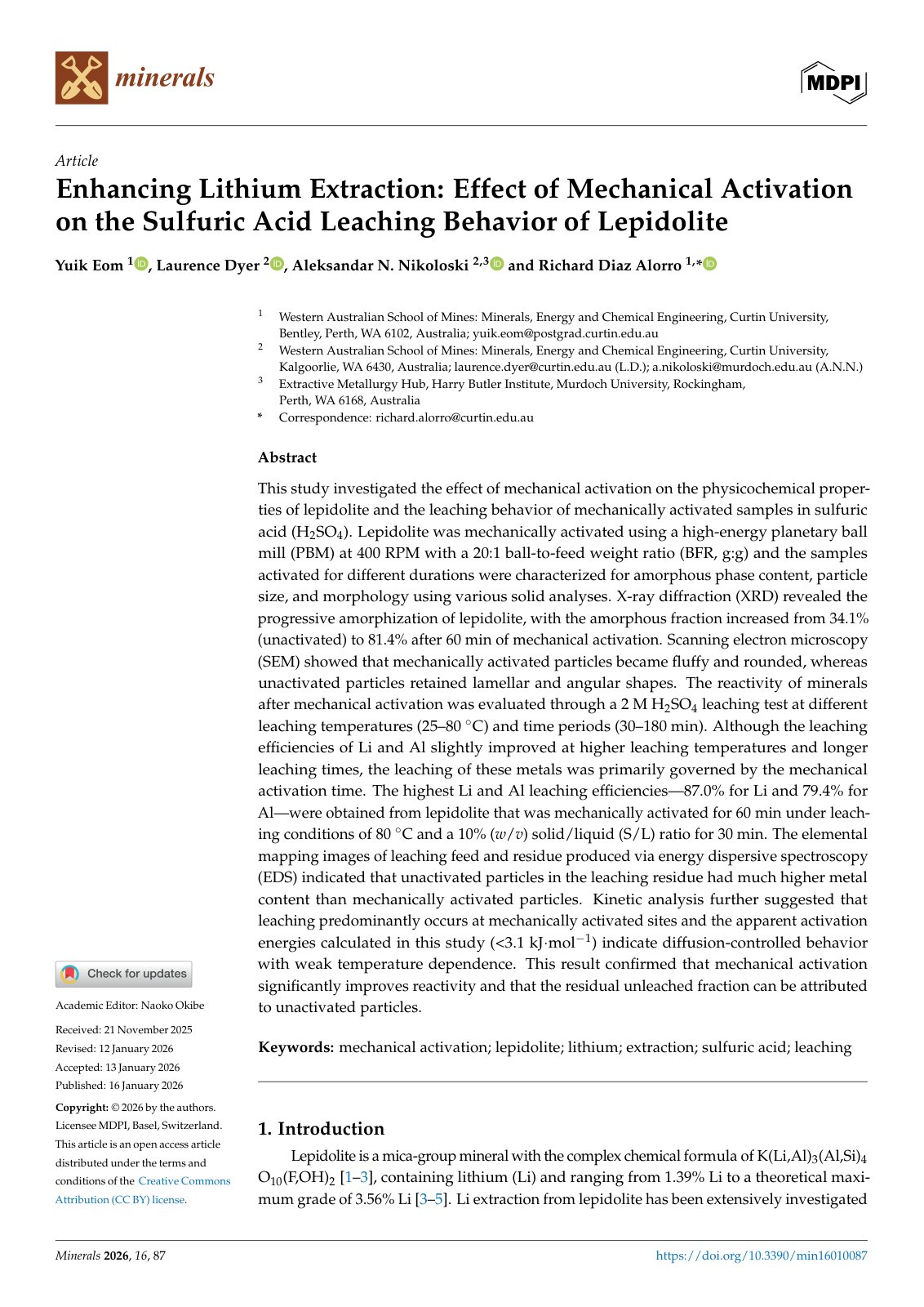 First page of Enhancing Lithium Extraction: Effect of Mechanical Activation on the Sulfuric Acid Leaching Behavior of Lepidolite