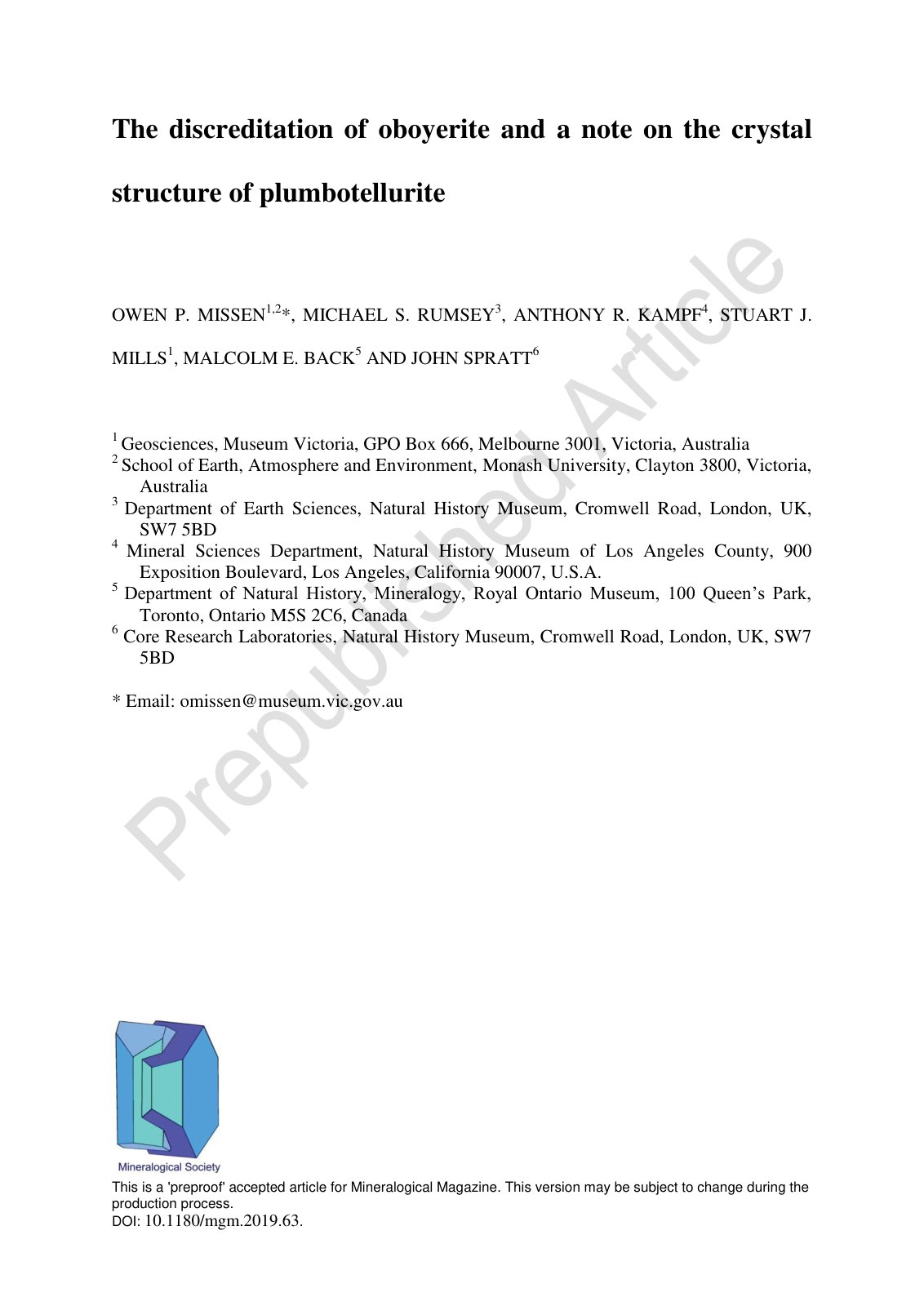 First page of The discreditation of oboyerite and a note on the crystal structure of plumbotellurite