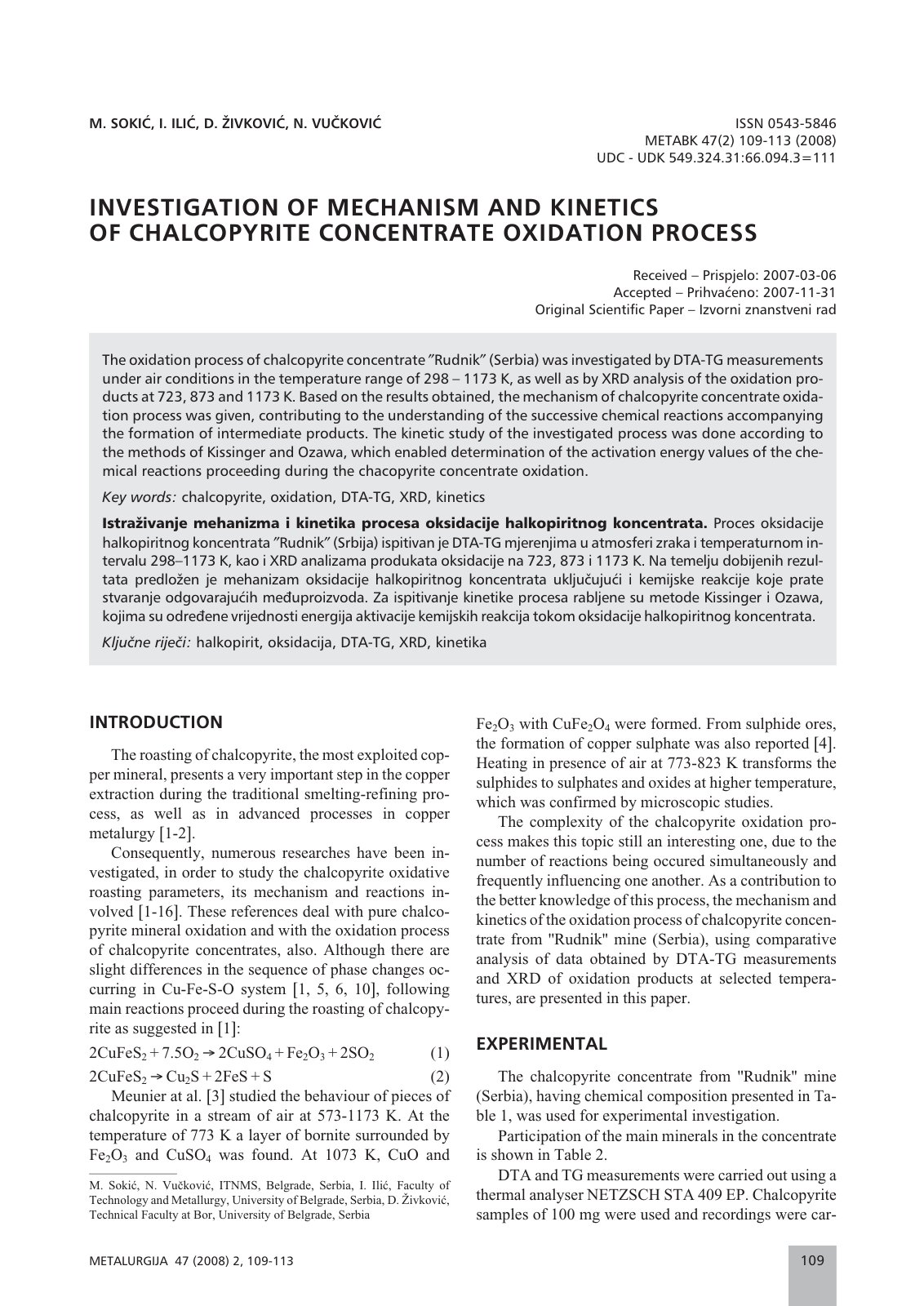 First page of Paper Inverstigation Kinetics Chalcopyrite oxidation