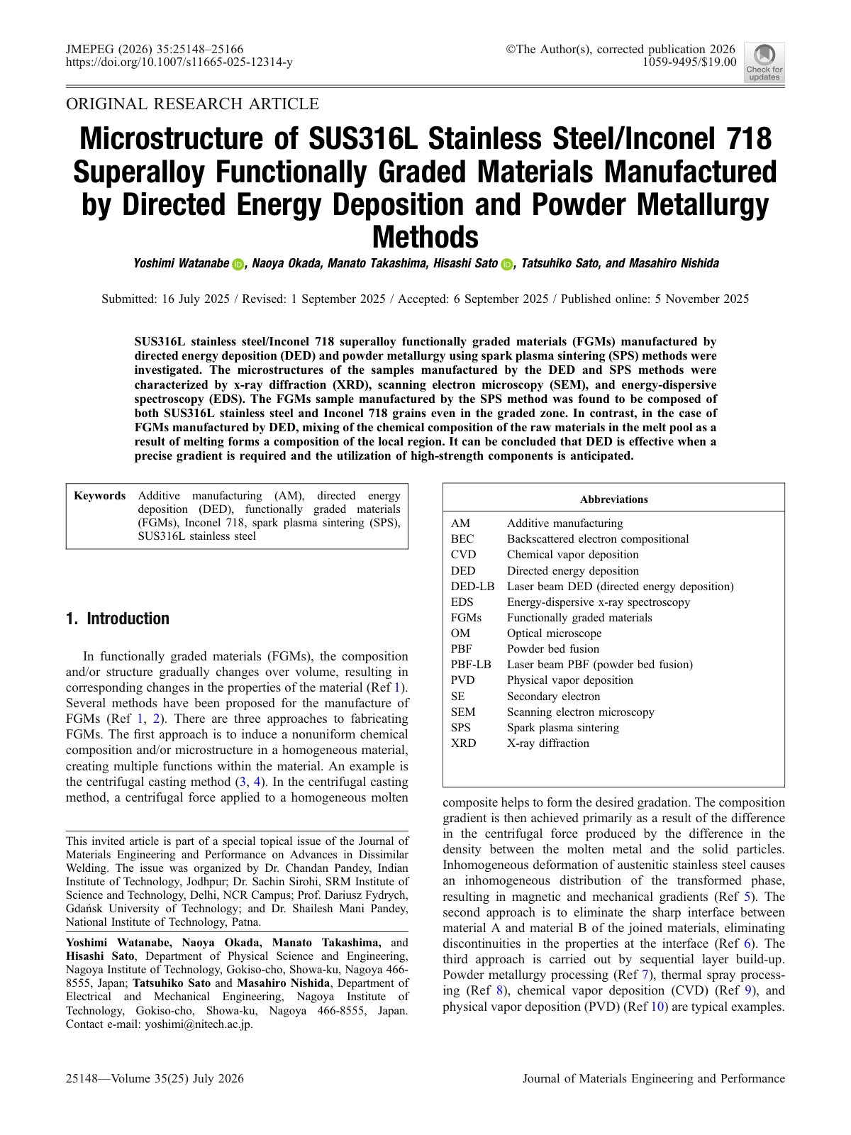 First page of 2026 Watanabe SUS316L Inconel718 FGM Microstructure