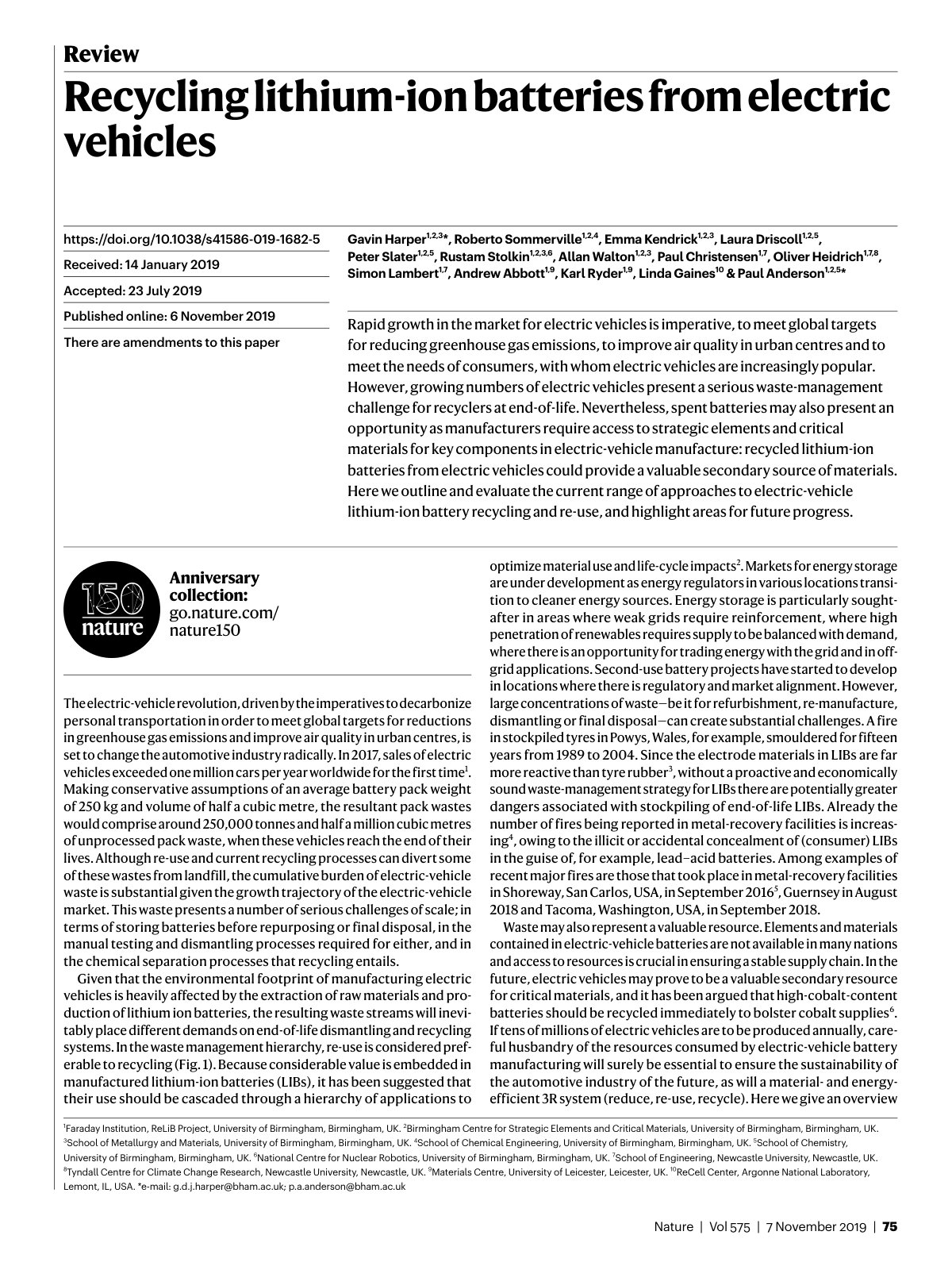 First page of Recycling lithium ion batteries from ele