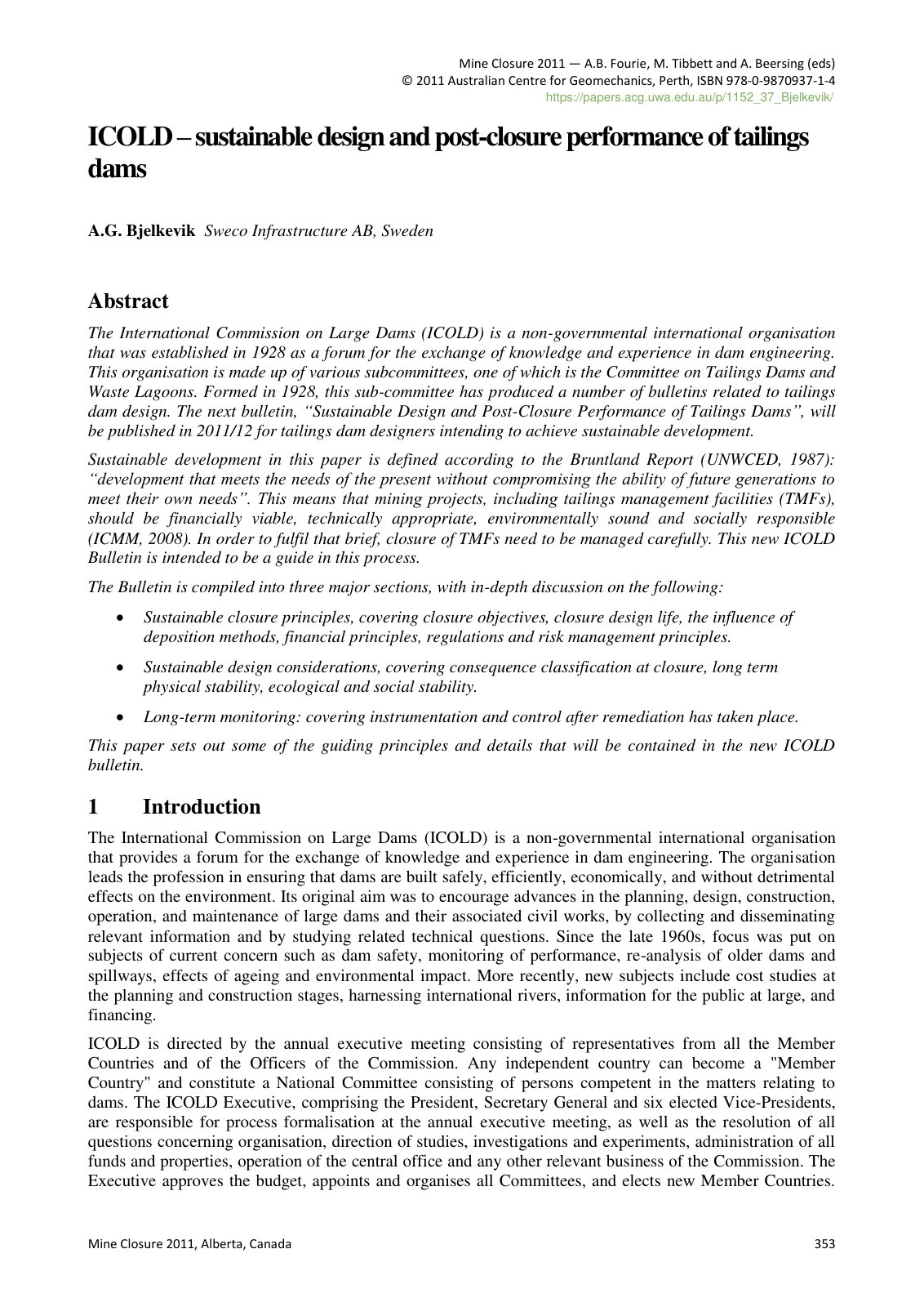 First page of ICOLD sustainable design and post closur