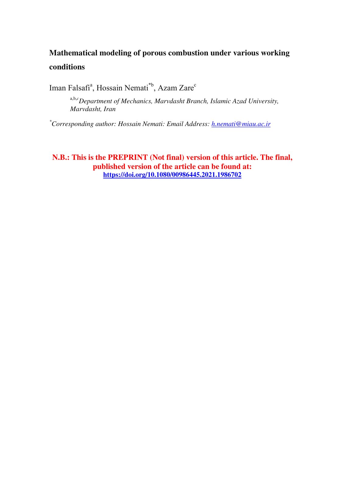 First page of Mathematical modeling of porous combustion under various working conditions