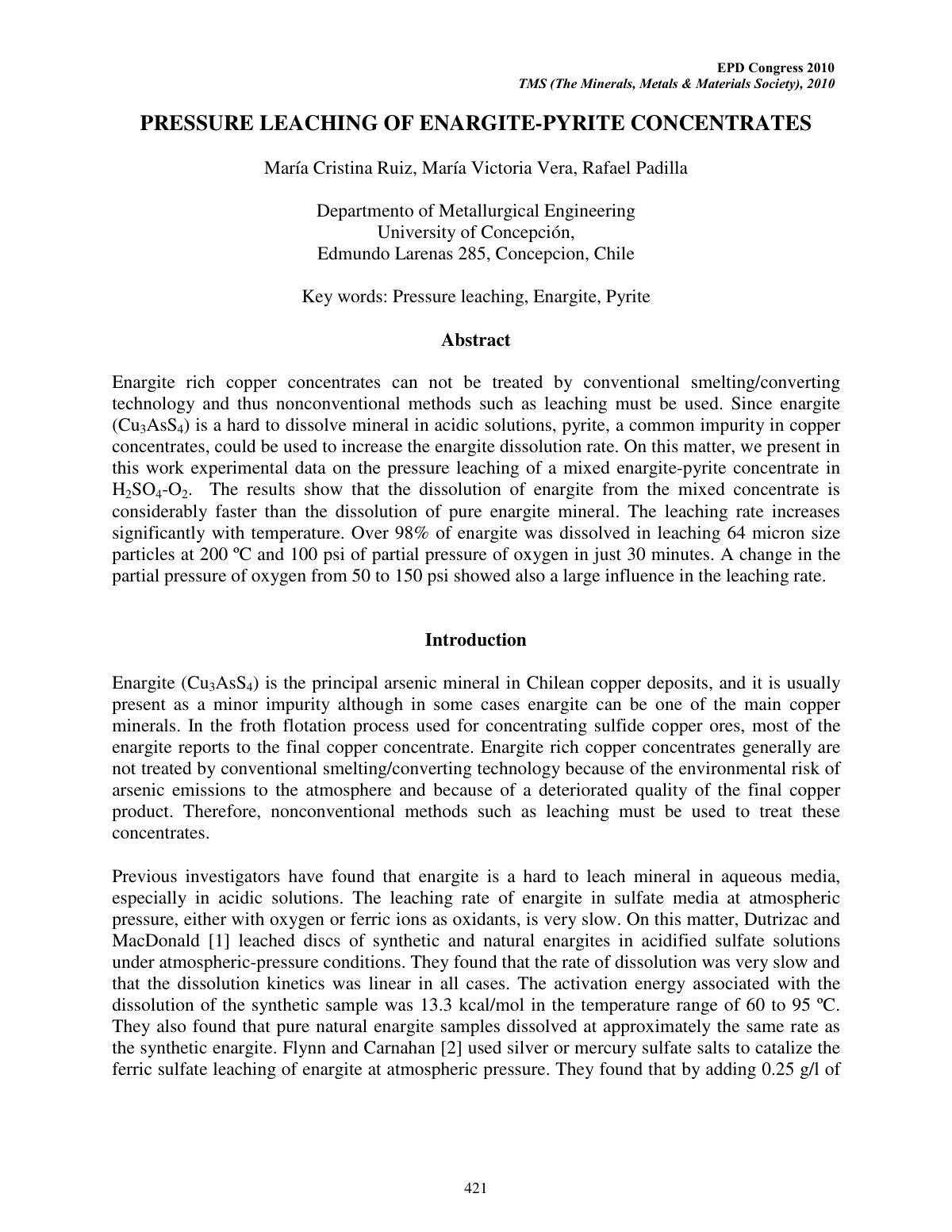 First page of PRESSURE LEACHING OF ENARGITE-PYRITE CONCENTRATES