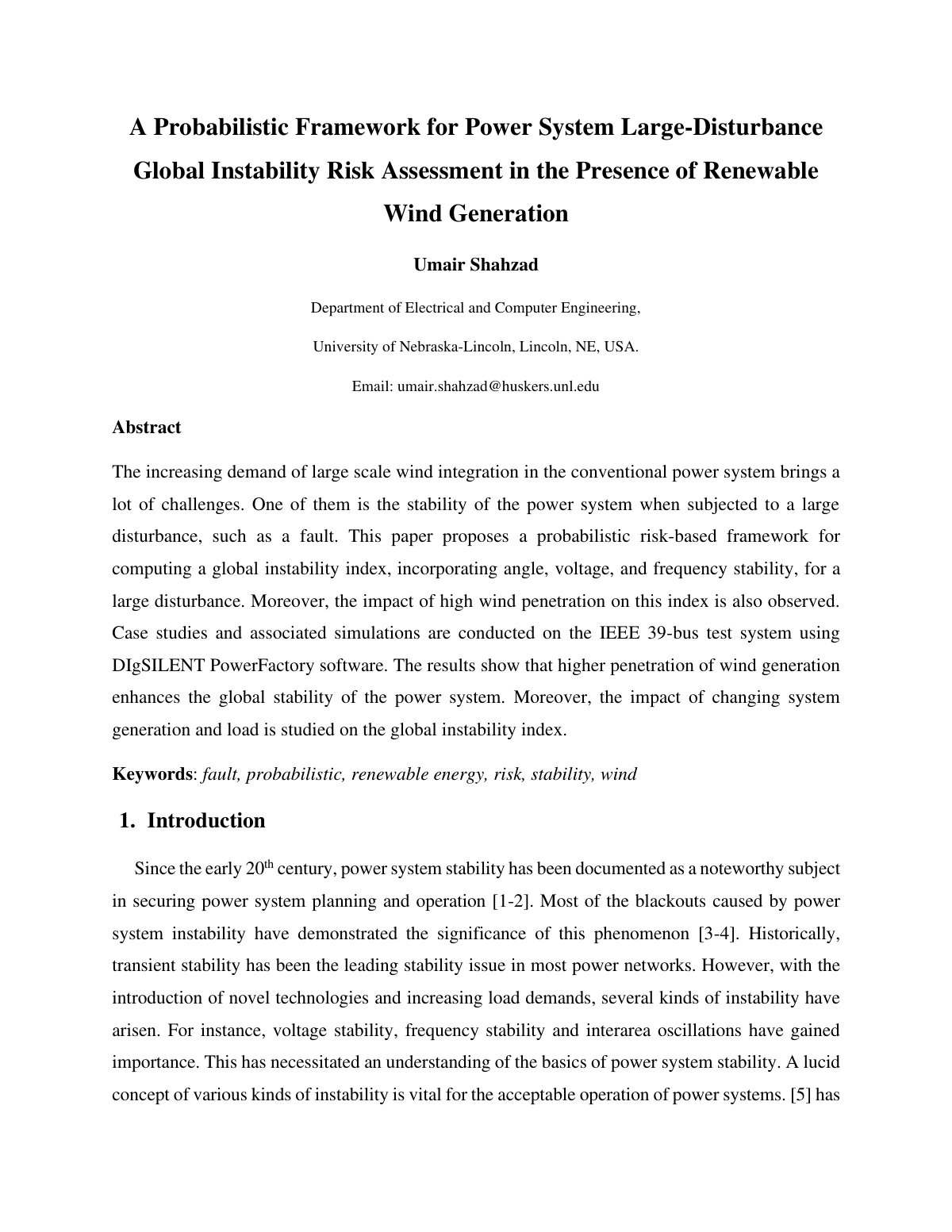 First page of A Probabilistic Framework for Power System Large-Disturbance