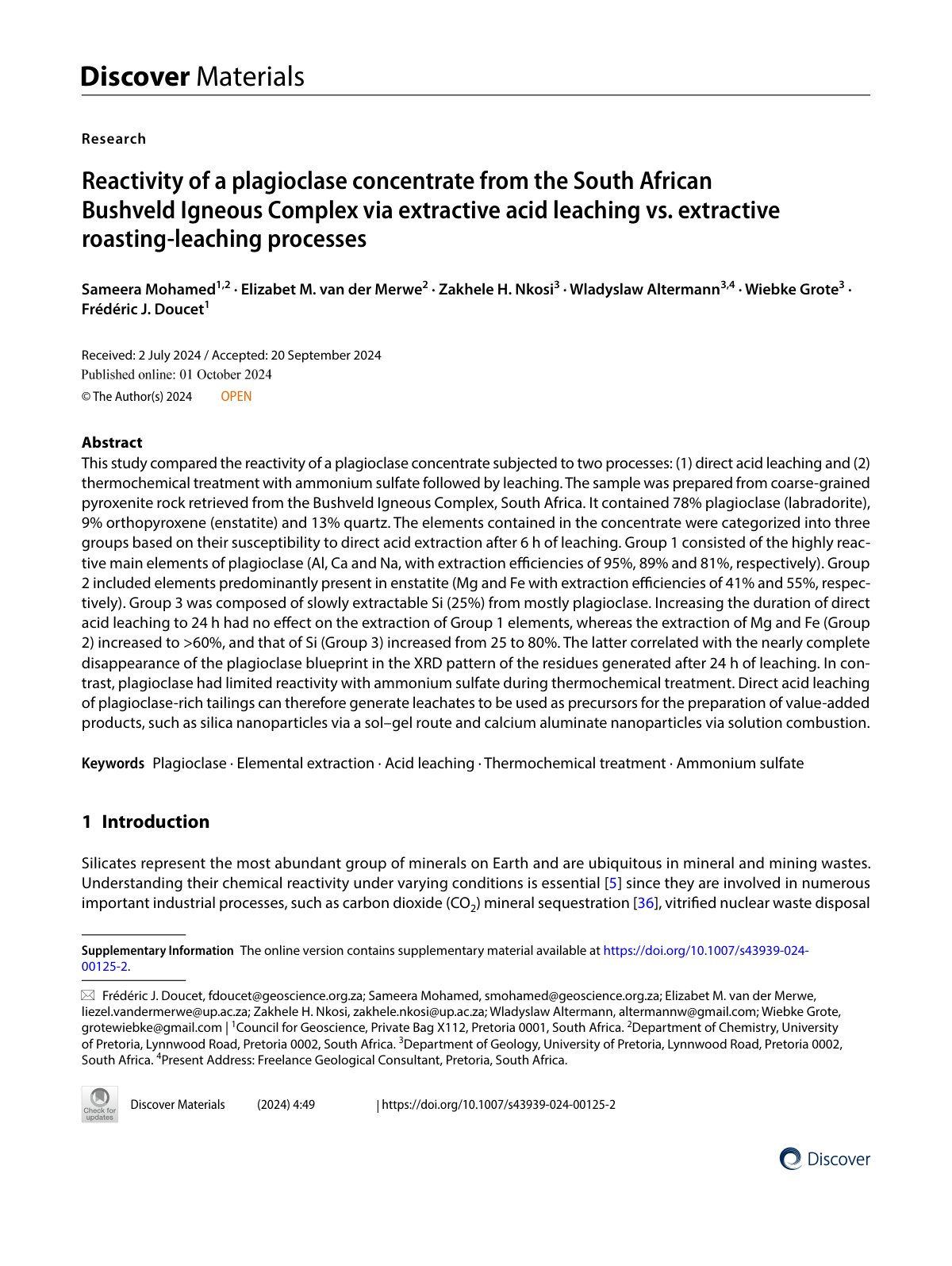 First page of Reactivity of a plagioclase concentrate from the South African Bushveld Igneous Complex via extractive acid leaching vs. extractive roasting‑leaching processes