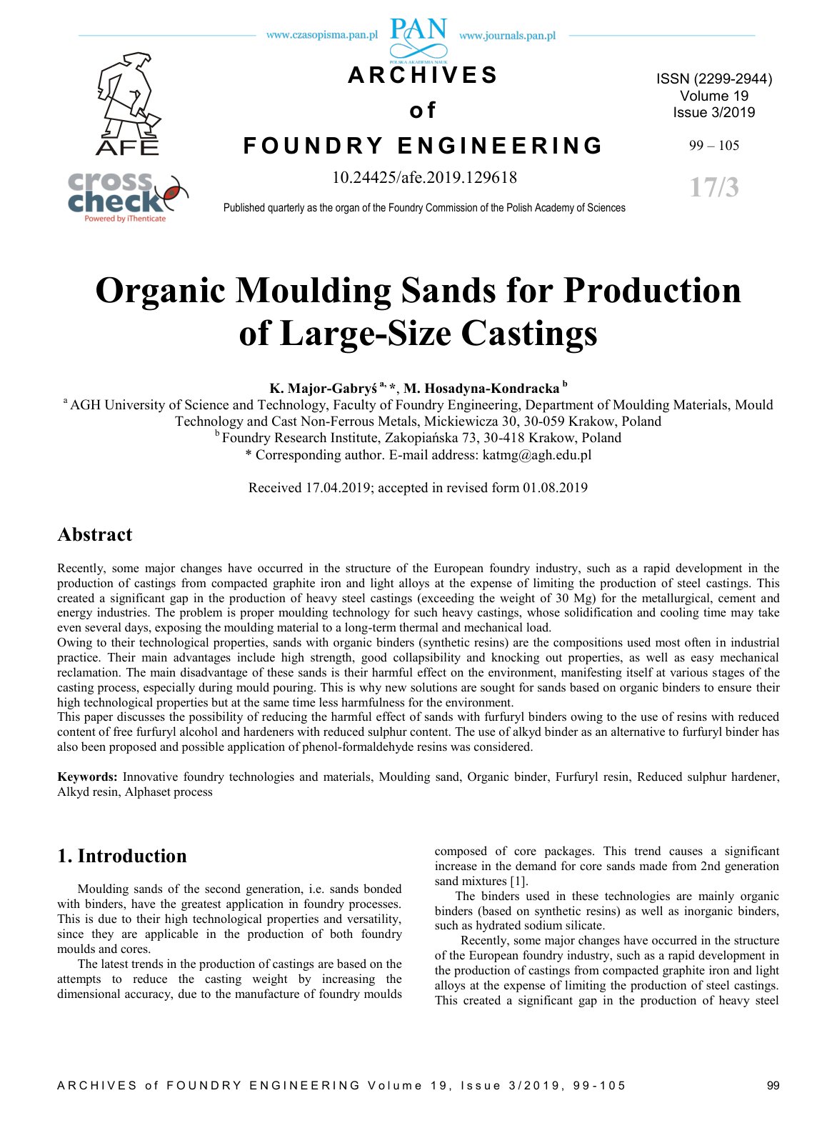 First page of Organic Moulding Sands for Production of Large-Size Castings