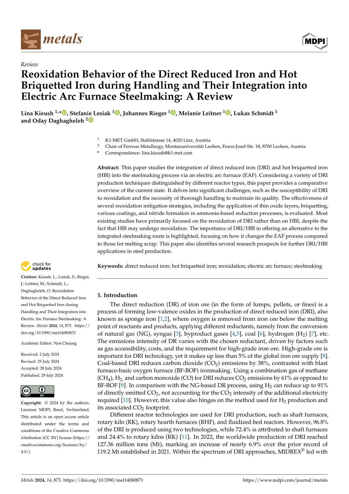 First page of 115 Reoxidation Behavior of the Direct Reduced Iron and Hot Briquetted Iron during Handling and Their Integration into 