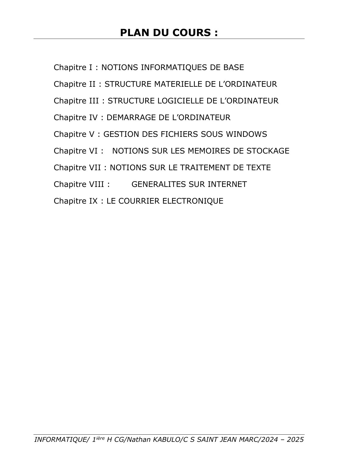 First page of Informatique 1 H CG Mr Nathan Kabulo 2024 2025