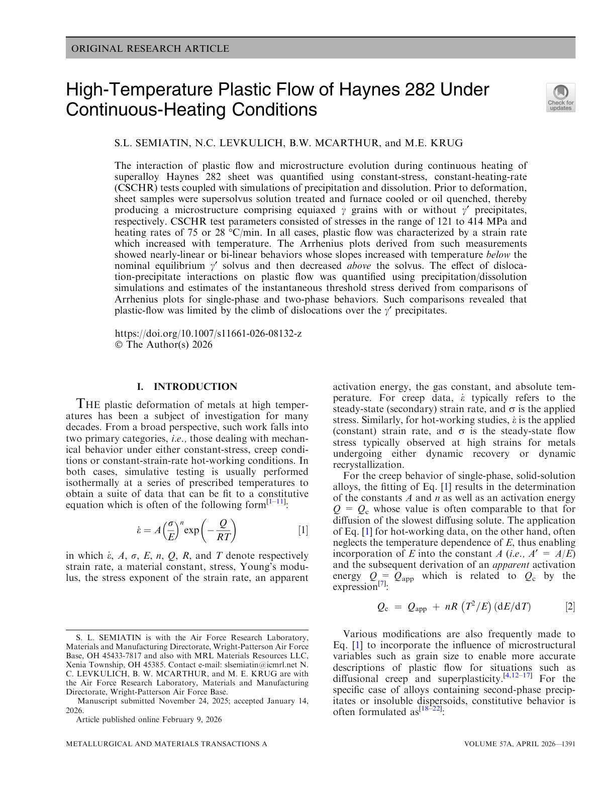 First page of 2026 Semiatin Haynes 282 High Temperature Plastic Flow