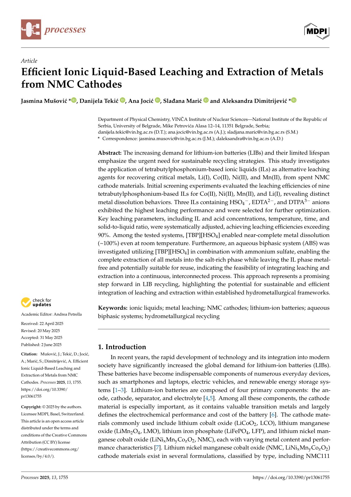 First page of 2025   Musovic   Ionic Liquid Leaching of NMC Cathodes