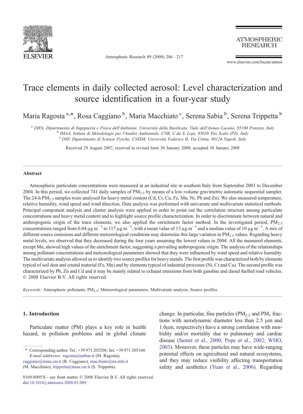 First page of Trace elements in daily collected aerosol: Level characterization and source identification in a four-year study