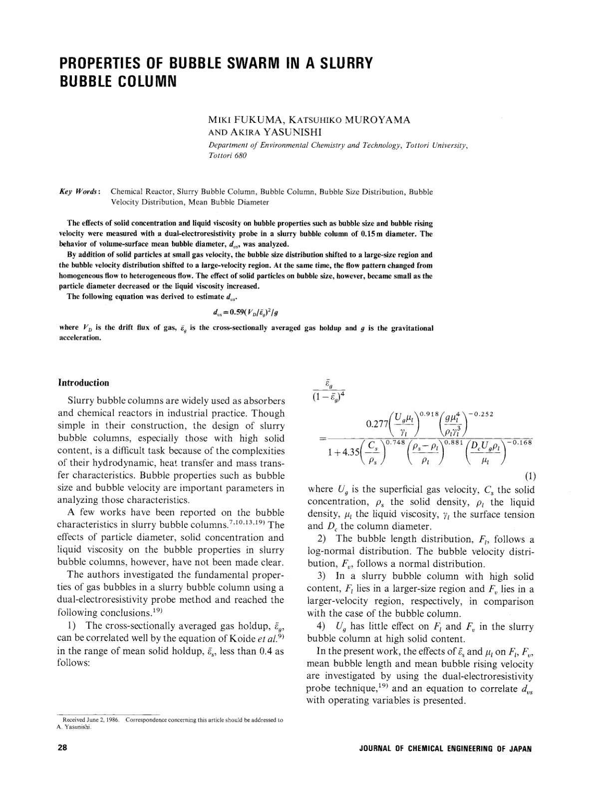 First page of Properties of bubble swarm in a slurry b